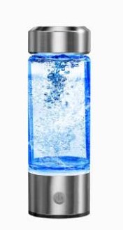 AquaFusion product photo: a glass bottle with a stainless steel ring lid and a stainless base carrying a round power button